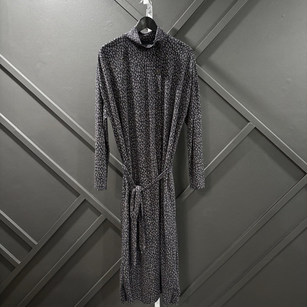 Ann Taylor Size 14 Navy Animal Print Belted Button Front Midi Shirt Dress